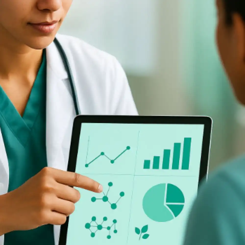 A healthcare professional shows data graphs and formulas on a tablet to a patient, illustrating Nutraceutical Consulting's explanation.