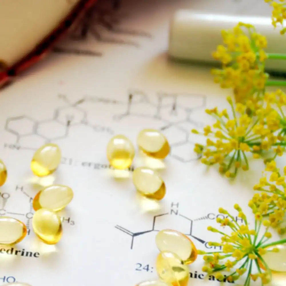 Supplement capsules and botanical flowers over chemical formulas and an open book, symbolizing research for Nutraceutical Scientific Reports.