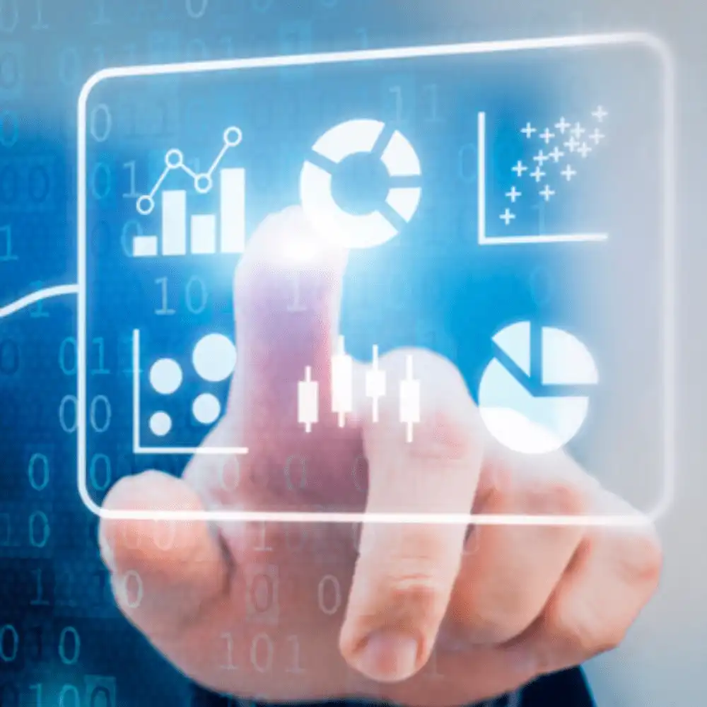 Hand touching interactive screen with data analysis graphics, illustrating the results of an Information Systems Audit