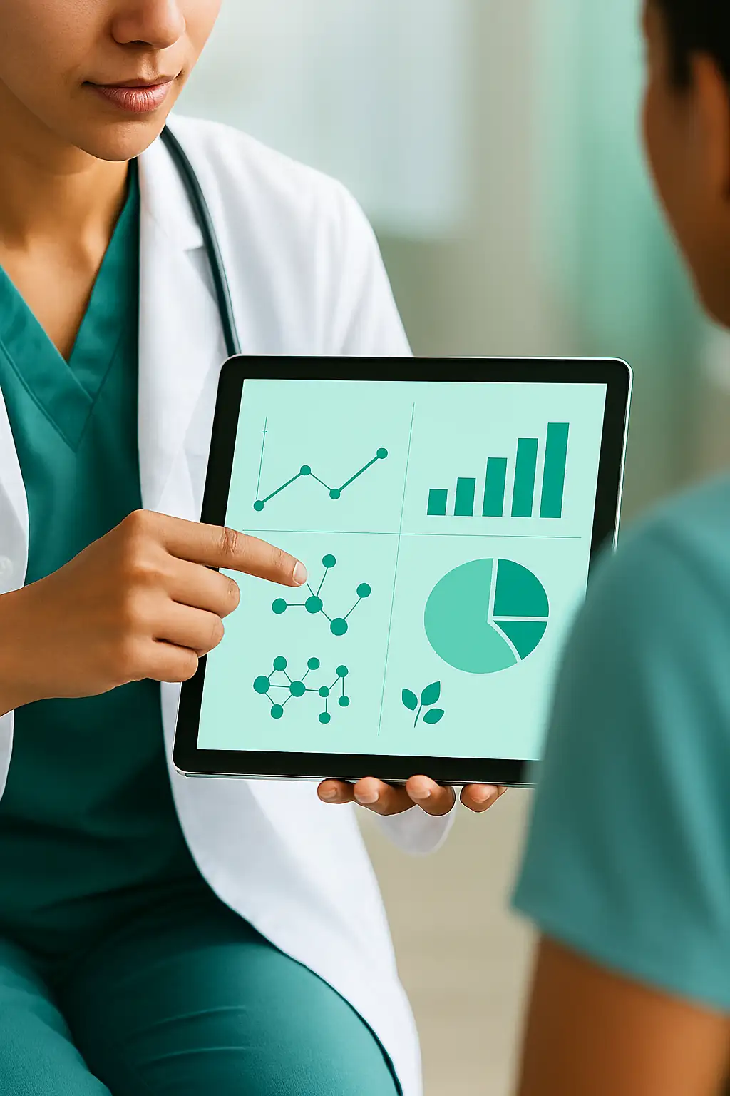 A healthcare professional shows data graphs and formulas on a tablet to a patient, illustrating Nutraceutical Consulting's explanation A healthcare professional shows data graphs and formulas on a tablet to a patient, illustrating Nutraceutical Consulting's explanation.