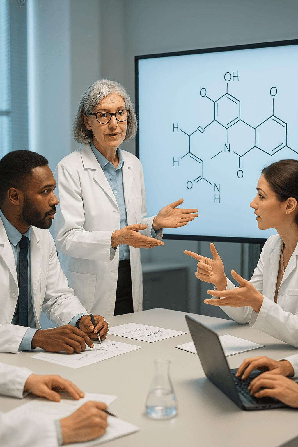 A senior scientist leads a Scientific Expert Team meeting, pointing to a chemical formula on a digital screen
