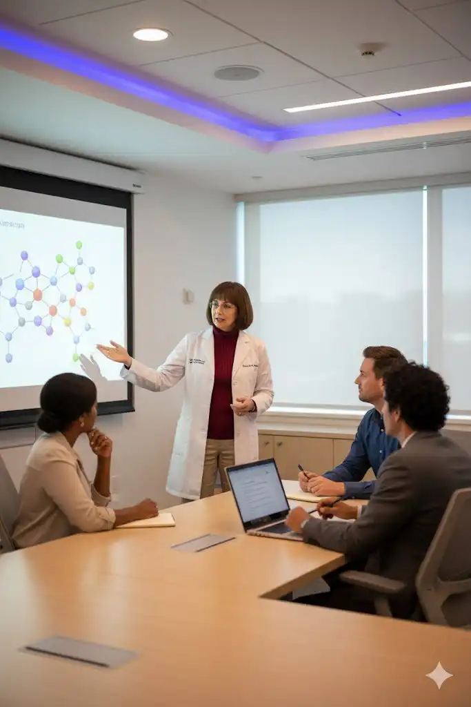 A senior scientist leads a Scientific Expert Team meeting, pointing to a chemical formula on a digital screen A senior scientist leads a Scientific Expert Team meeting, pointing to a chemical formula on a digital screen