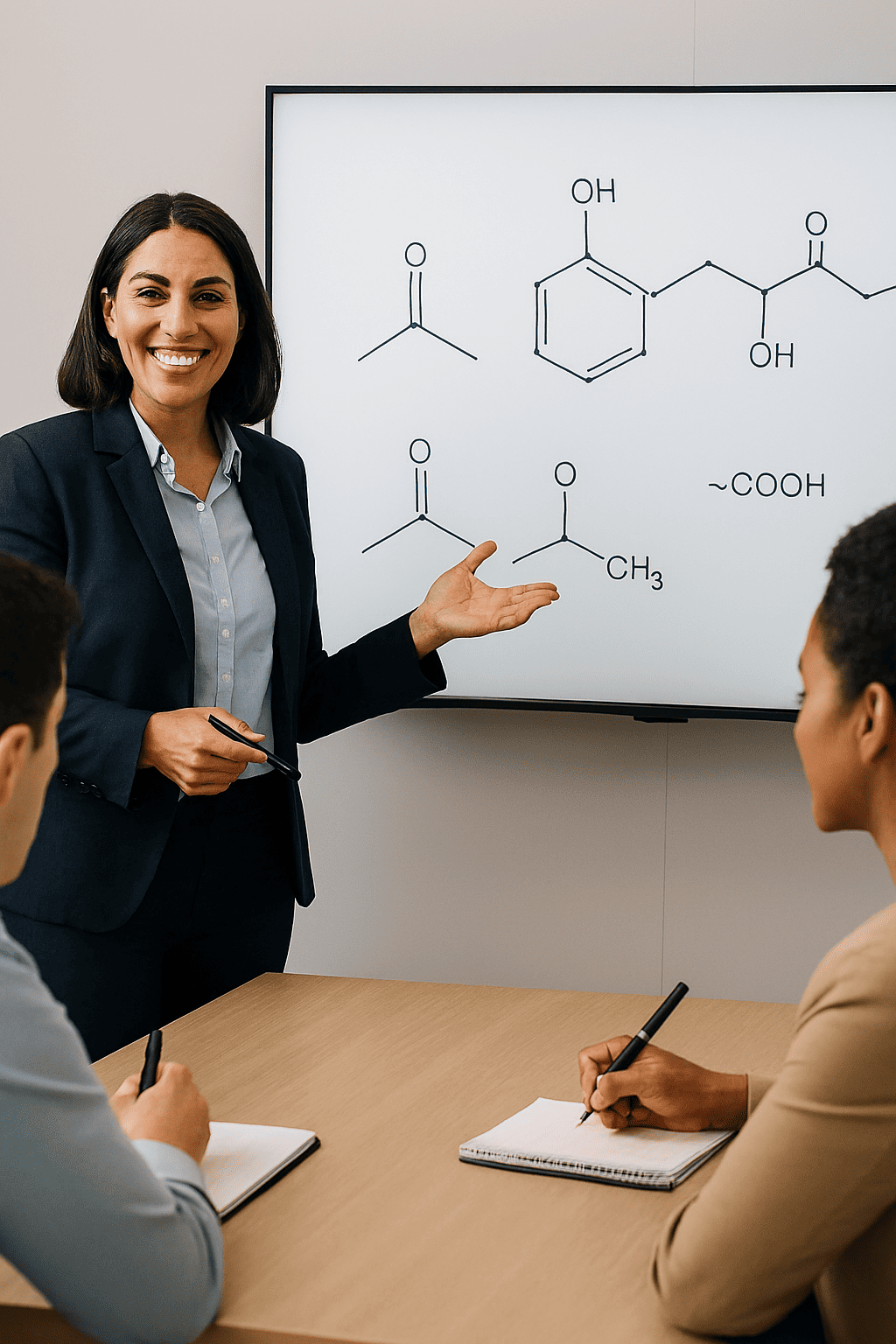 A smiling instructor presents chemical formulas on a screen to students, representing Udana Training Courses' specialized training.