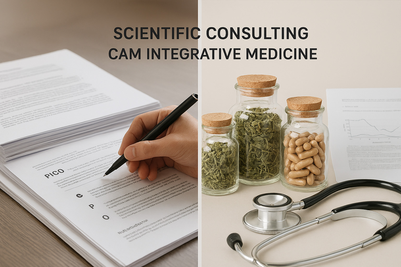A split image showing a hand taking scientific notes on the left and natural supplements with a stethoscope on the right, representing Scientific Consulting CAM Integrative Medicine.