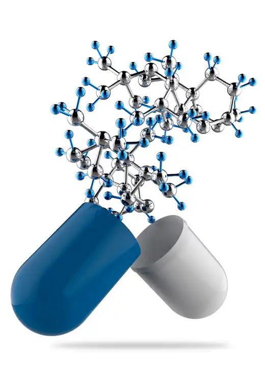 An open capsule from which a complex molecular structure emerges, symbolizing Nutraceutical Research and Development An open capsule from which a complex molecular structure emerges, symbolizing Nutraceutical Research and Development.