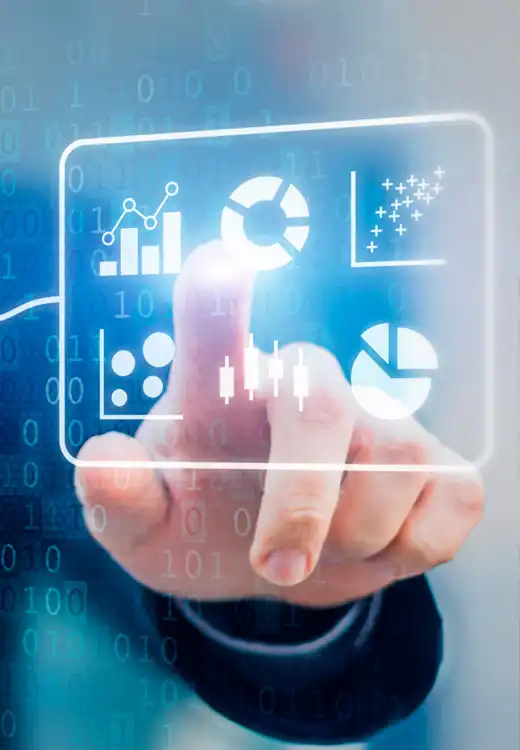 Hand touching interactive screen with data analysis graphics, illustrating the results of an Information Systems Audit Hand touching interactive screen with data analysis graphics, illustrating the results of an Information Systems Audit.