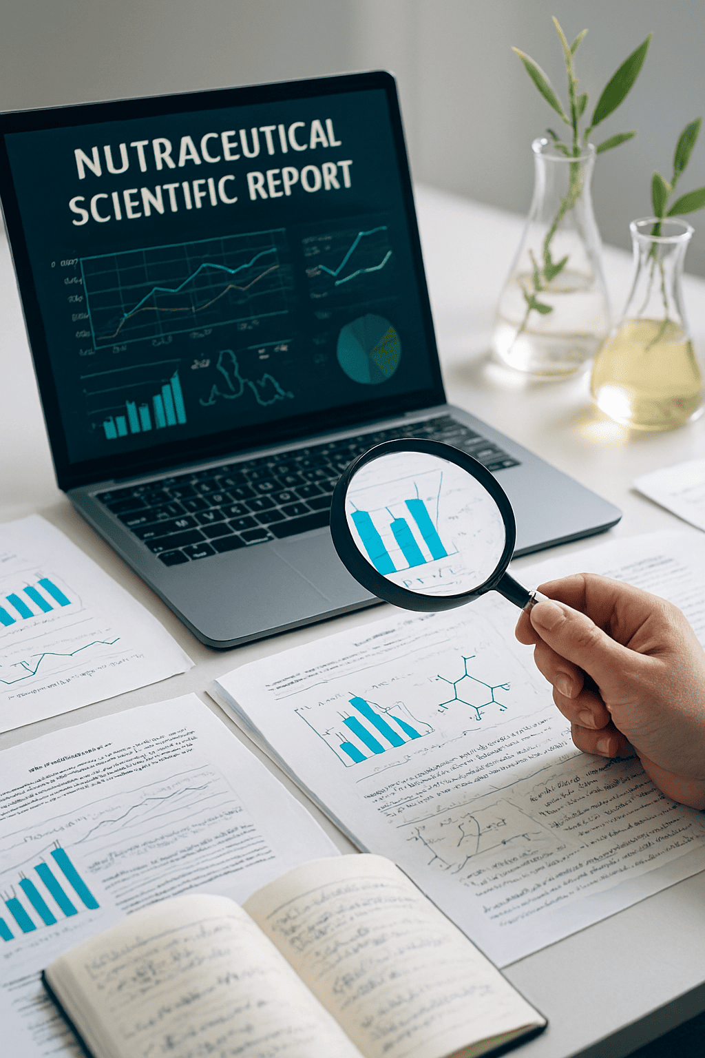 Hand with a magnifying glass examining a document with graphics next to a laptop showing "Nutraceutical Scientific Report", with laboratory equipment. Hand with a magnifying glass examining a document with graphics next to a laptop showing "Nutraceutical Scientific Report", with laboratory equipment.