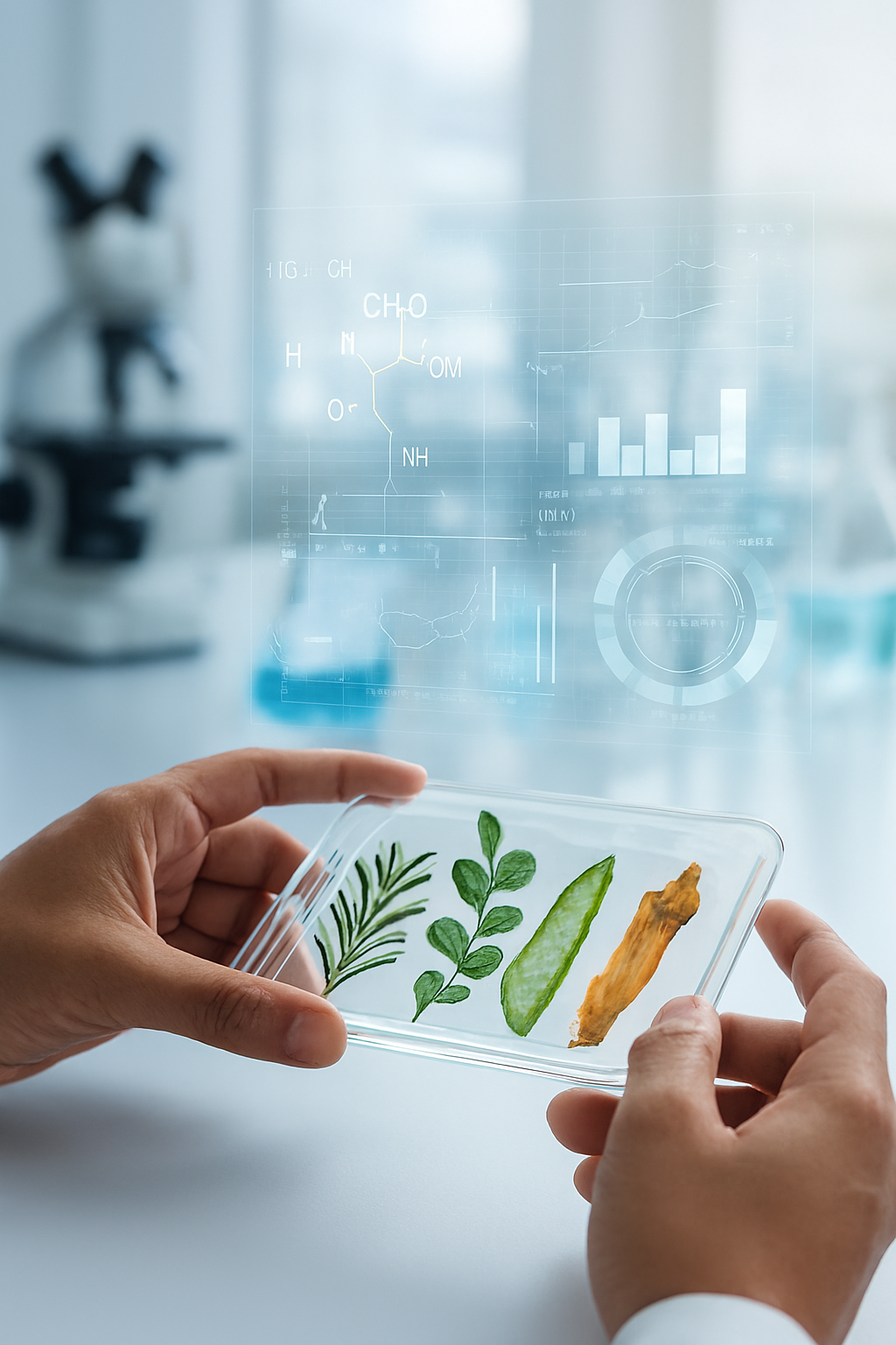 Hands holding a plate with natural botanicals, overlaid with data and chemical formulas in a Nutraceutical Research and Development laboratory. Hands holding a plate with natural botanicals, overlaid with data and chemical formulas in a Nutraceutical Research and Development laboratory.