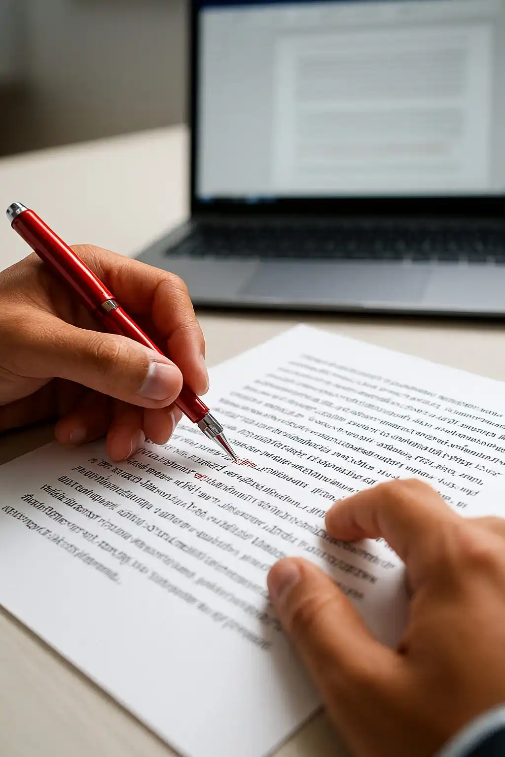 Hands meticulously correcting a Spanish document with a red pen, symbolizing the quality of English to Spanish translation services.