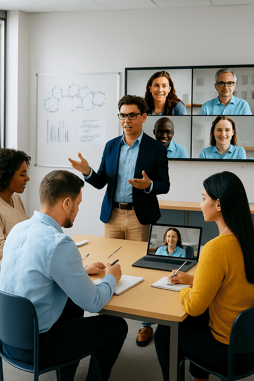 Instructor teaching a hybrid class with in-person and video chat students, representing University-Level Online Courses. Instructor teaching a hybrid class with in-person and video chat students, representing University-Level Online Courses.