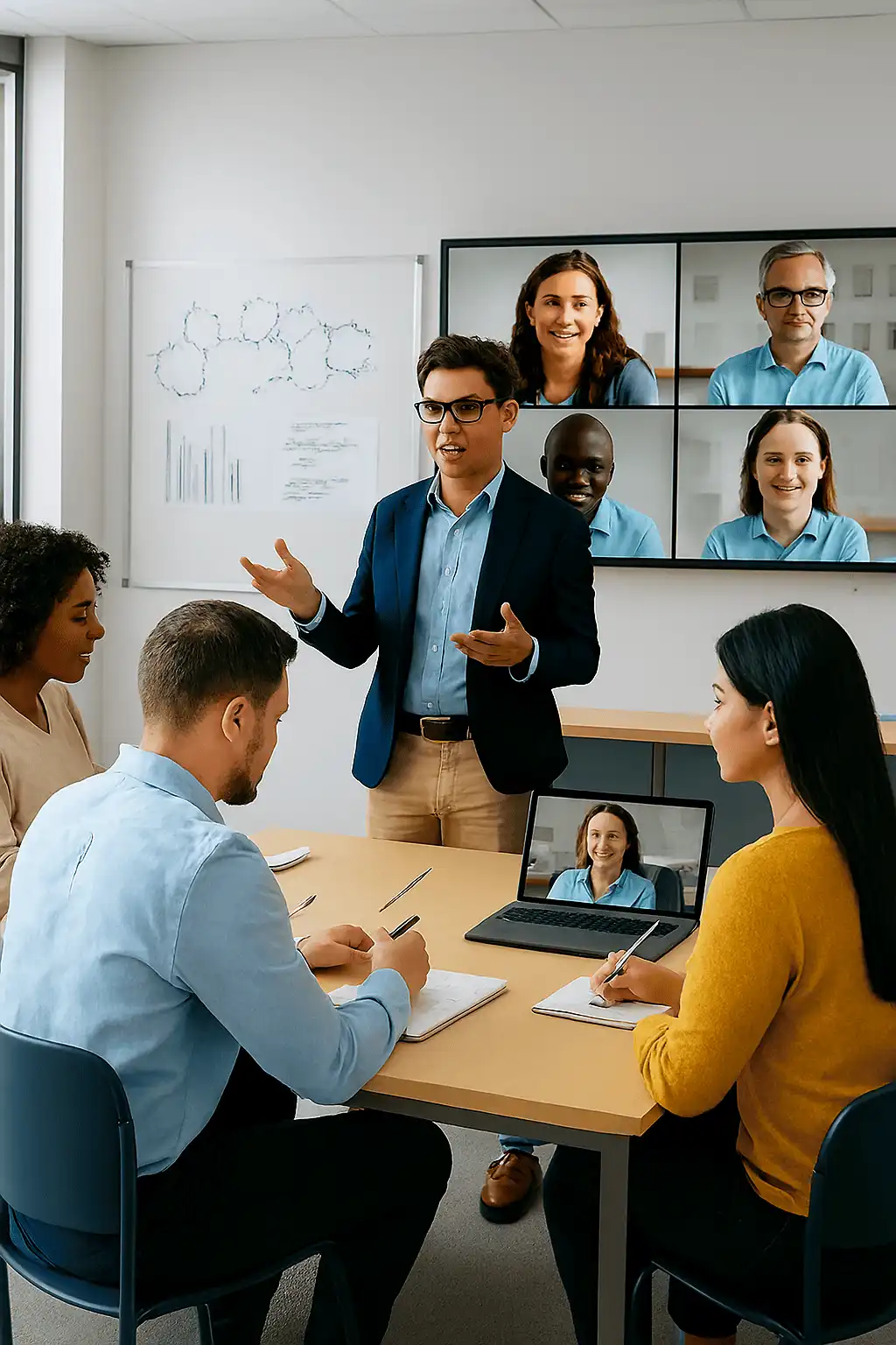 Instructor teaching a hybrid class with in-person and video chat students, representing University-Level Online Courses Instructor teaching a hybrid class with in-person and video chat students, representing University-Level Online Courses.