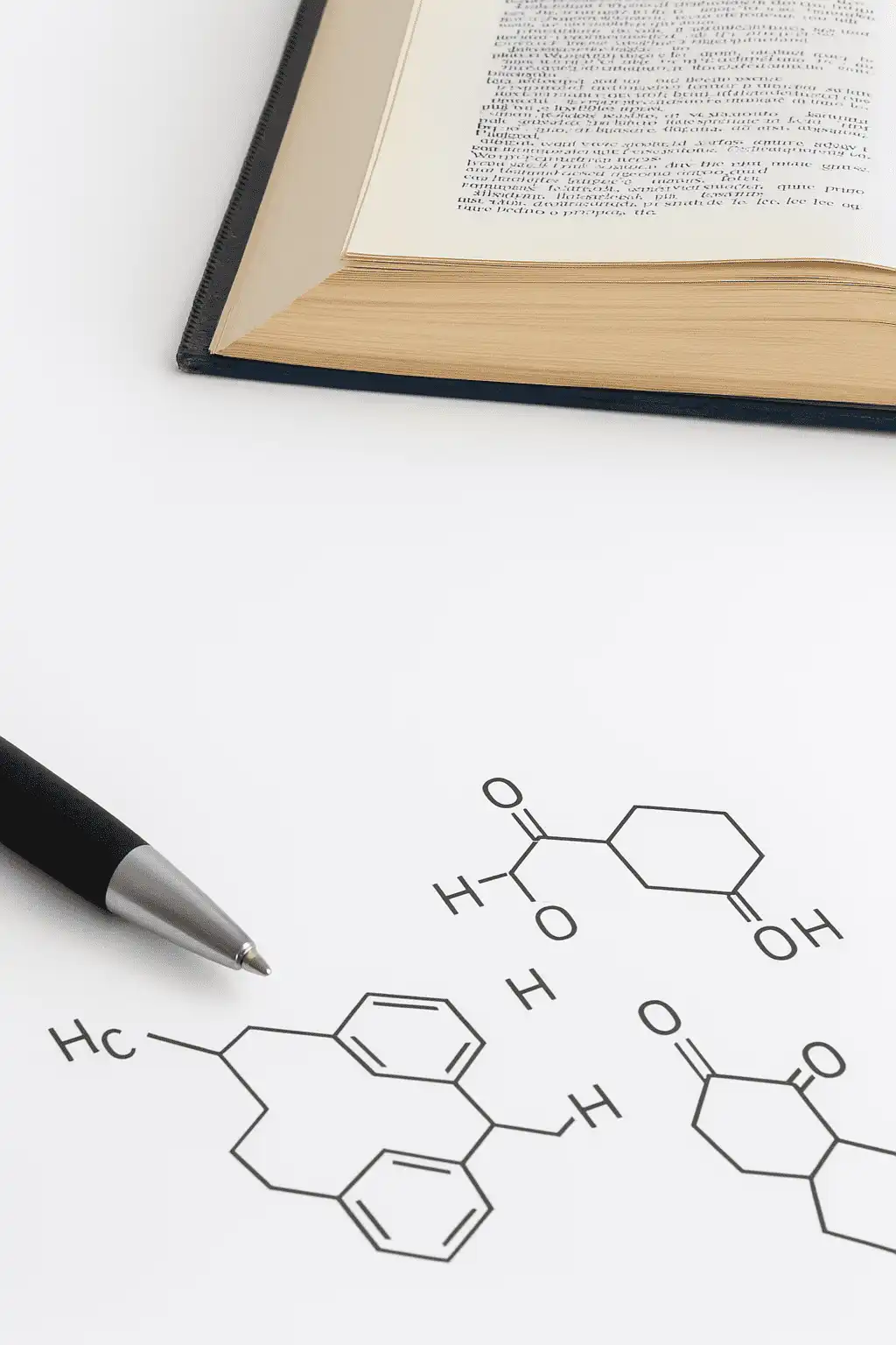 Pen and open book on paper with chemical formulas, symbolizing scientific study and consultation Pen and open book on paper with chemical formulas, symbolizing scientific study and consultation.