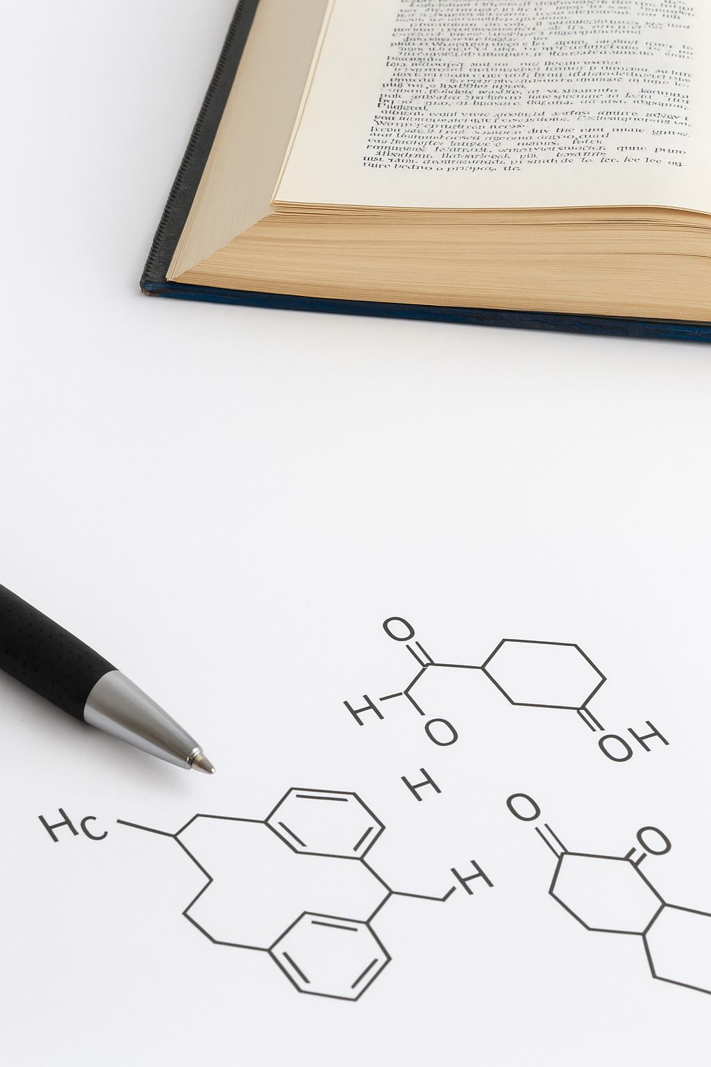 Pen and open book on paper with chemical formulas, symbolizing scientific study and consultation. Pen and open book on paper with chemical formulas, symbolizing scientific study and consultation.