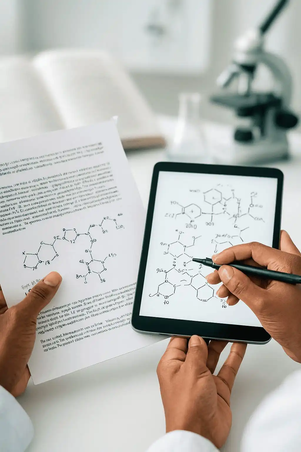 Professional hands comparing chemical formulas on a printed document and a tablet, representing precision in biomedical and pharmaceutical translation Professional hands comparing chemical formulas on a printed document and a tablet, representing precision in biomedical and pharmaceutical translation.