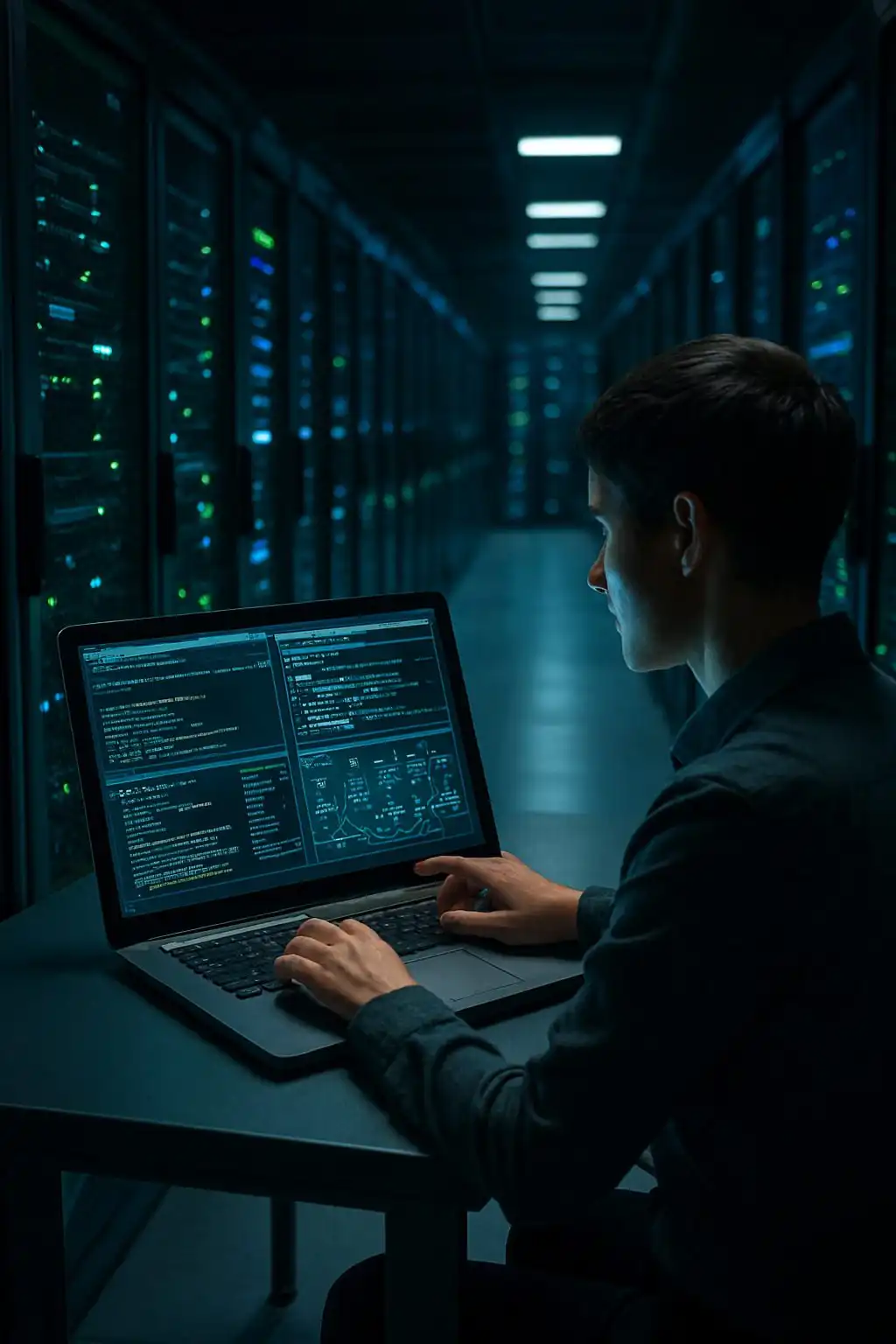 Professional working on a laptop with code and graphics in a dark data center, performing an Information Systems Audit Professional working on a laptop with code and graphics in a dark data center, performing an Information Systems Audit.